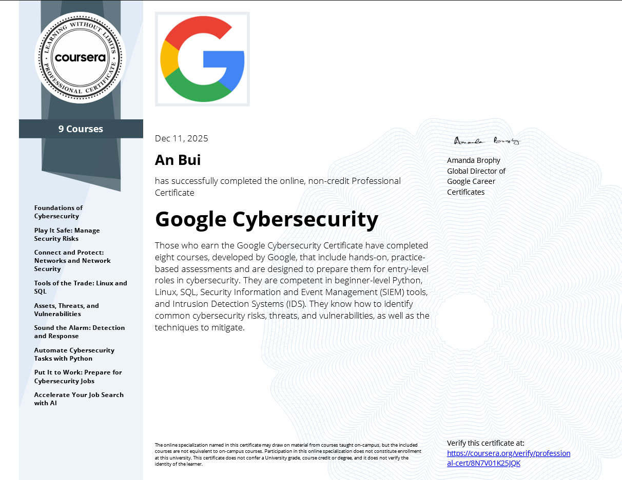 Google Cybersecurity Professional Certificate (9 Courses)